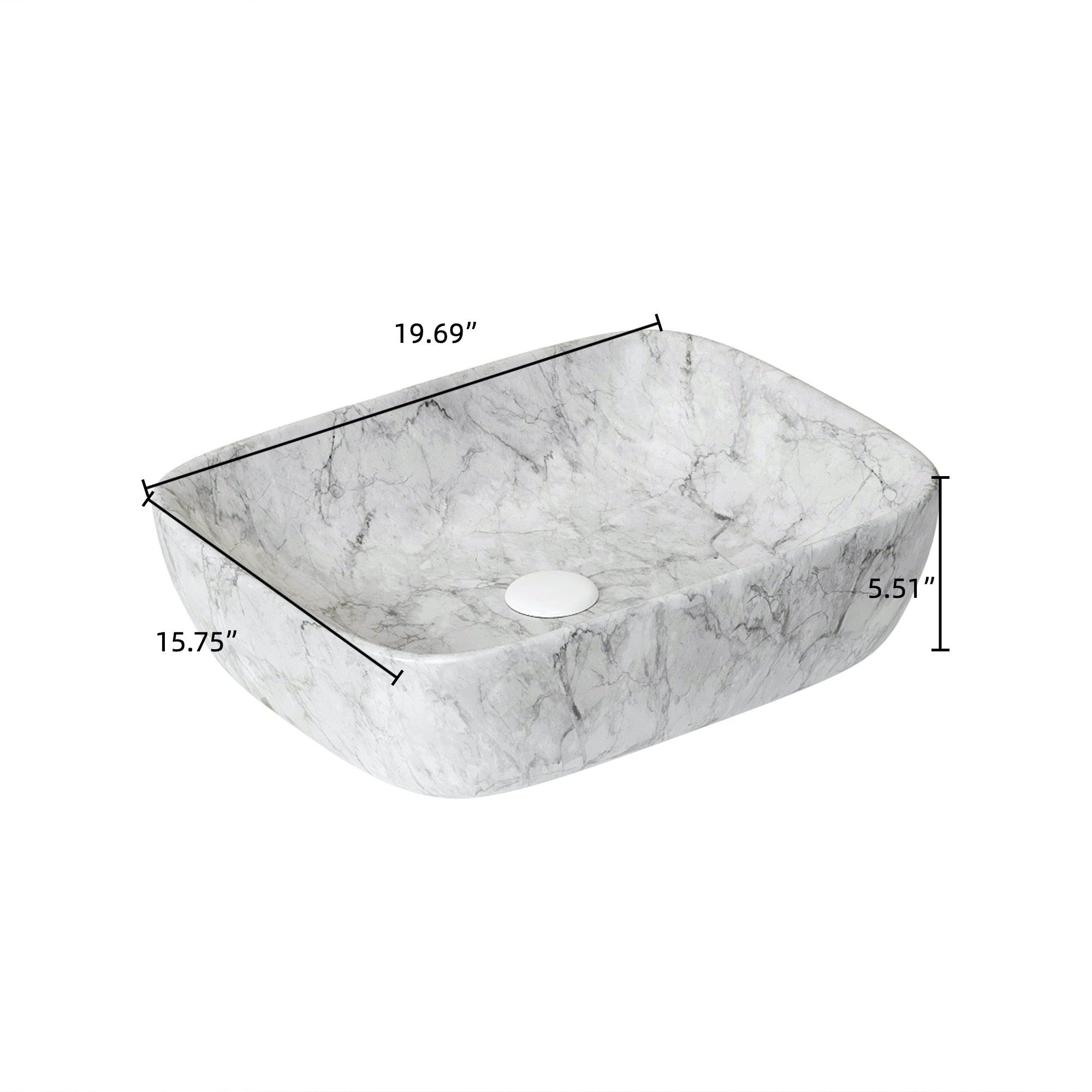 19"x15" White Ceramic Rectangular Bathroom Sink with Marble Pattern