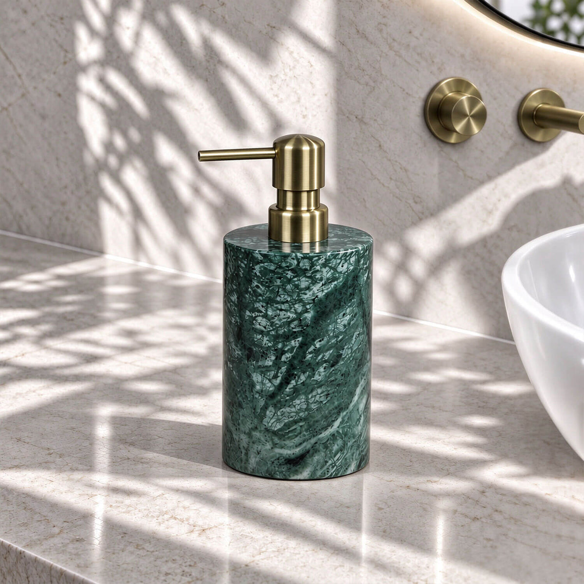 5-Piece Emerald Green Marble Bathroom Accessory Set with Round Vanity Tray, Gold Accents