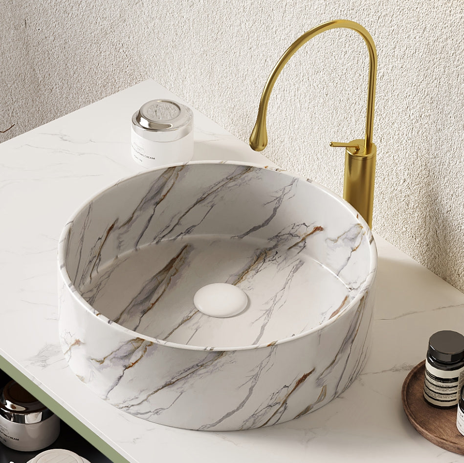 Round Glossy White Ceramic Above-Counter Vessel Sink with Stone Pattern Central drain Glossy finish
