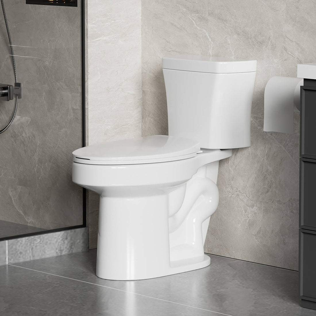 1.28 GPF two piece toilet with Tornado flush system in white bathroom