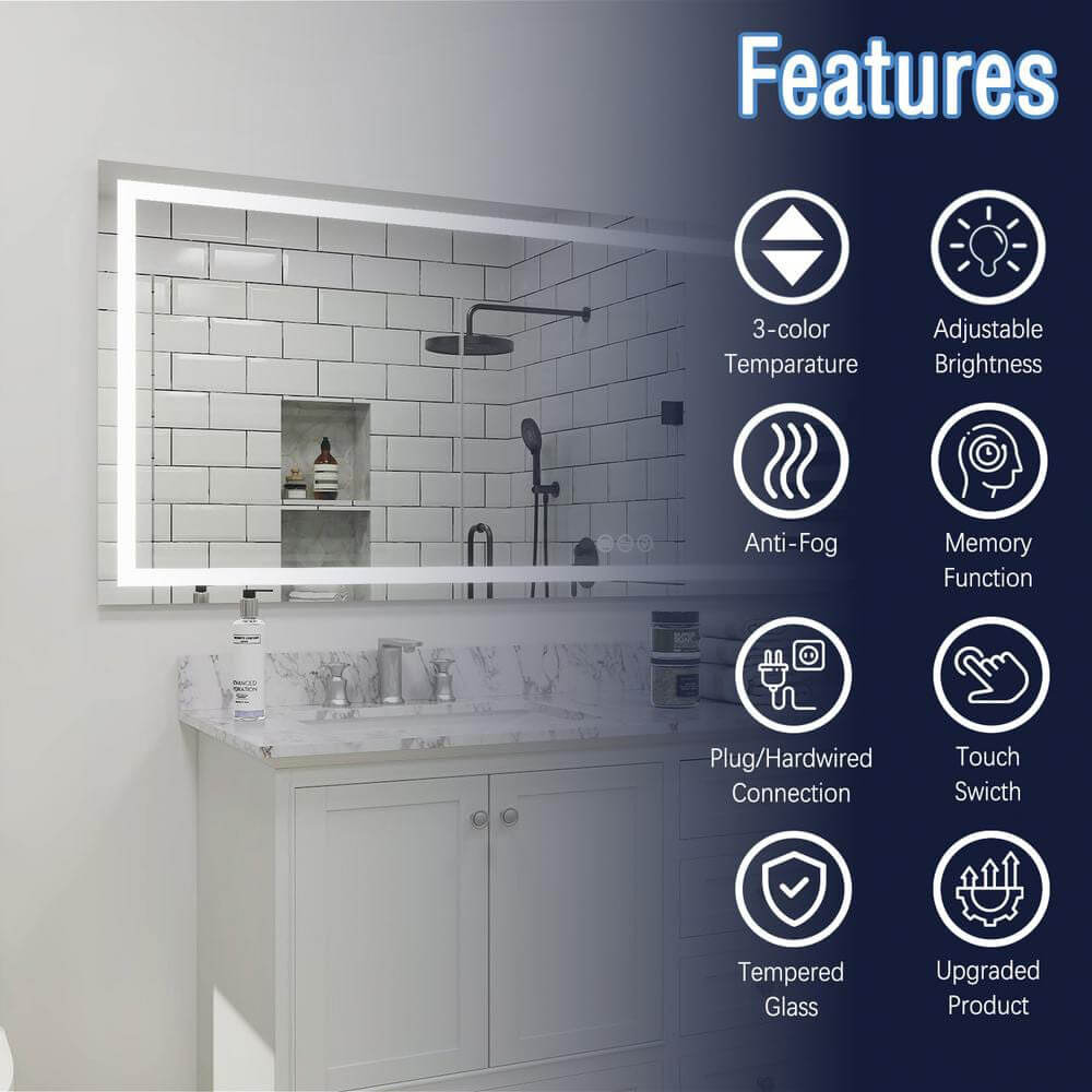 96" x 36" Rectangular Frameless LED Lighted Wall Mount Bathroom Vanity Mirror with Memory Function