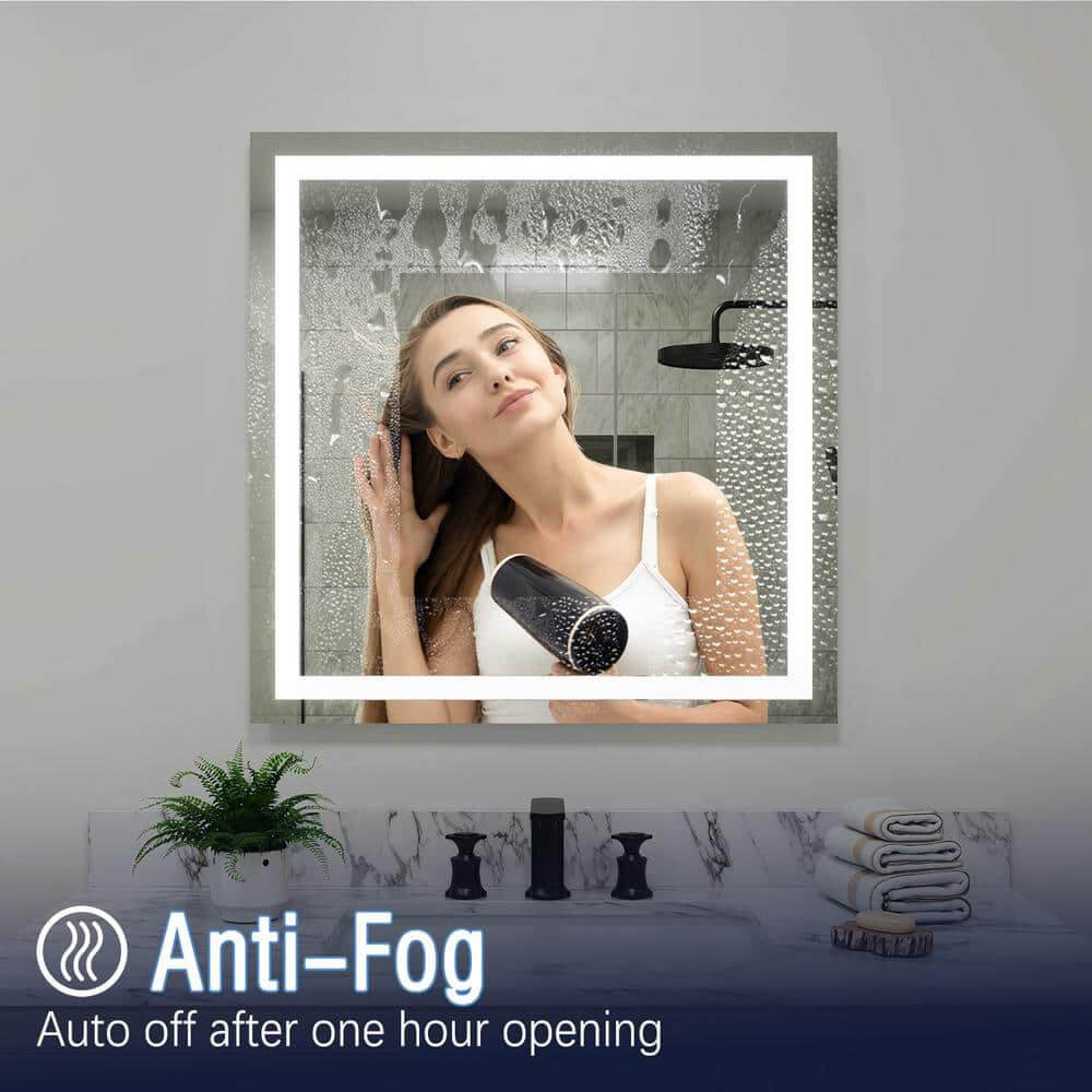 36" x 36" Square Frameless LED Lighted Wall Mount Bathroom Vanity Mirror with Memory Function