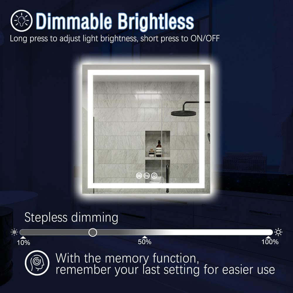 36" x 36" Square Frameless LED Lighted Wall Mount Bathroom Vanity Mirror with Memory Function