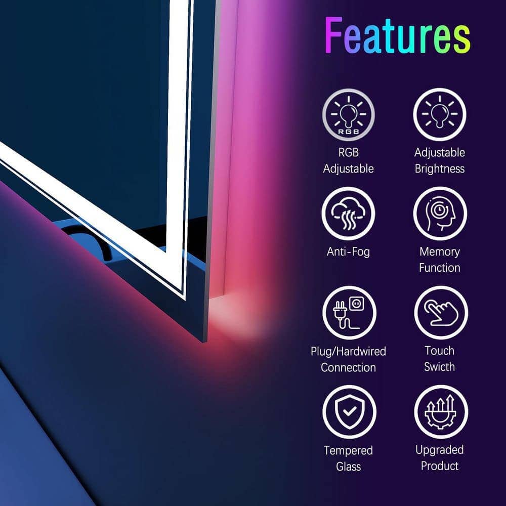 36“/48” RGB LED Light Bathroom Vanity Mirror Rectangular Frameless Anti Fog