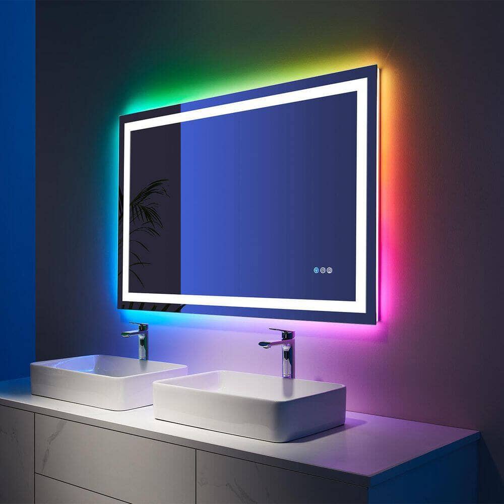 36“/48” RGB LED Light Bathroom Vanity Mirror Rectangular Frameless Anti Fog