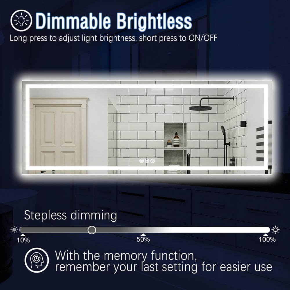 96" x 36" Rectangular Frameless LED Lighted Wall Mount Bathroom Vanity Mirror with Memory Function