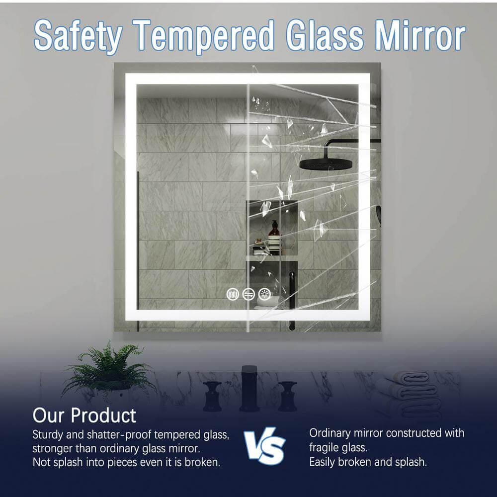 36" x 36" Square Frameless LED Lighted Wall Mount Bathroom Vanity Mirror with Memory Function