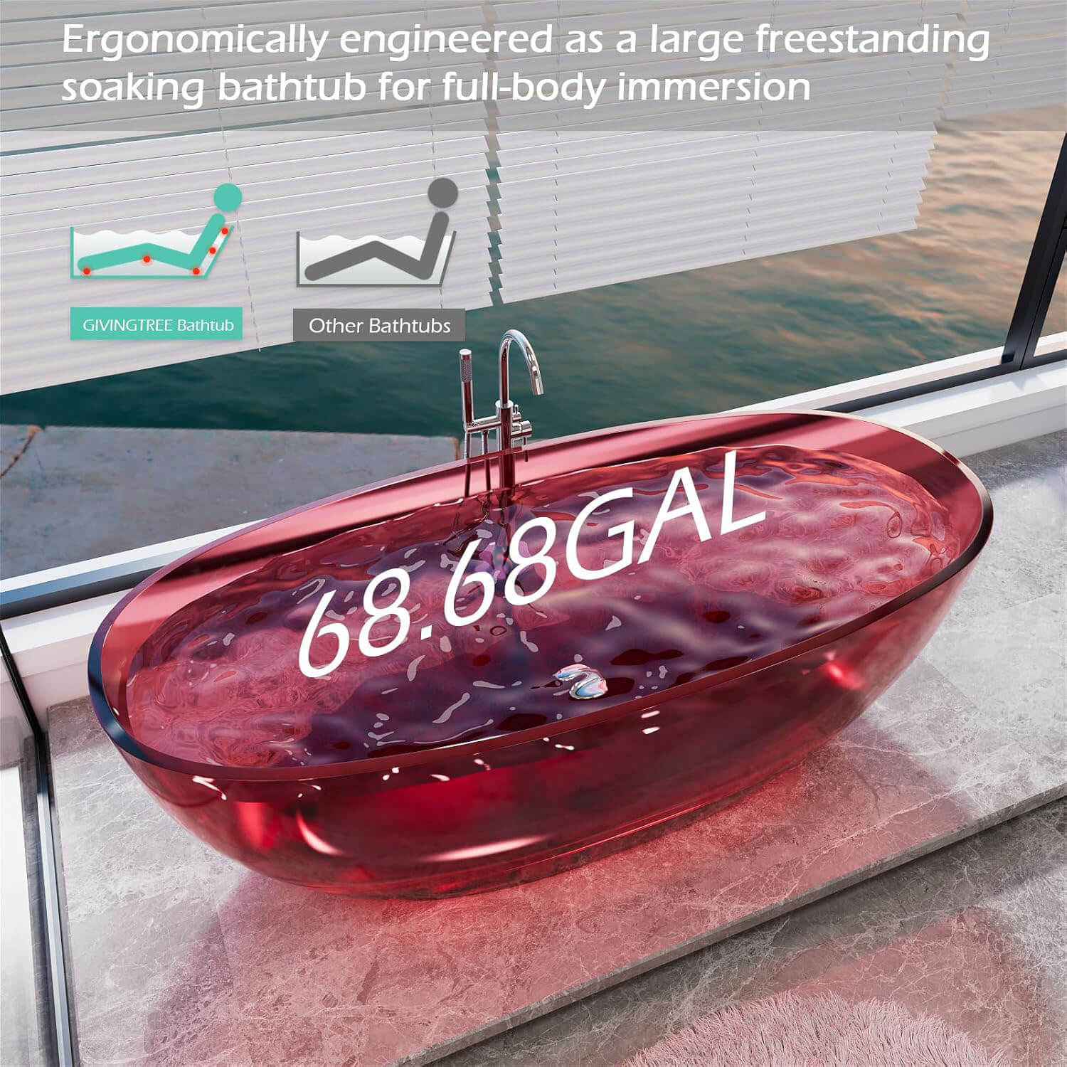 Bañera independiente de resina transparente roja de 65"