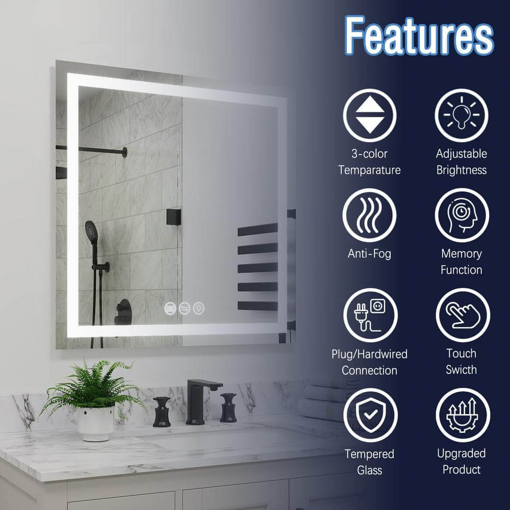 36" x 36" Square Frameless LED Lighted Wall Mount Bathroom Vanity Mirror with Memory Function