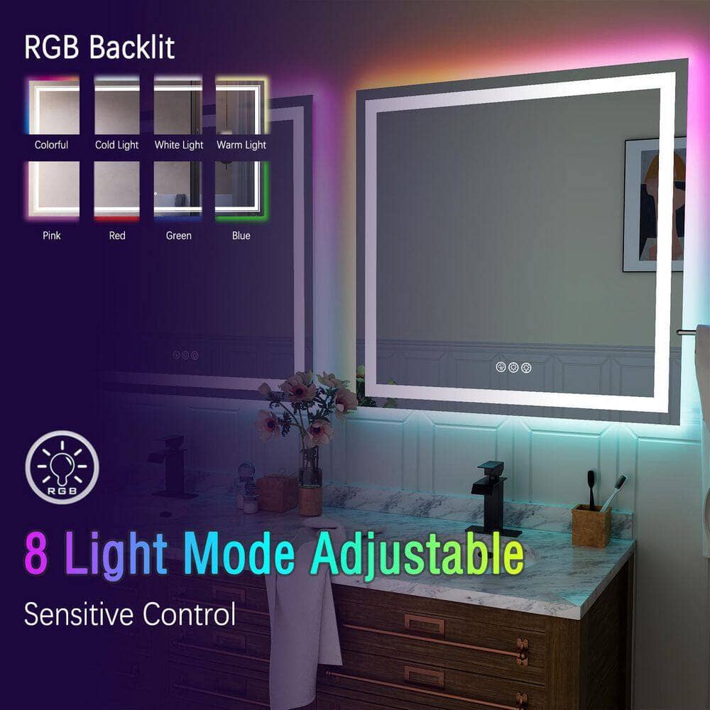 36“/48” RGB LED Light Bathroom Vanity Mirror Rectangular Frameless Anti Fog