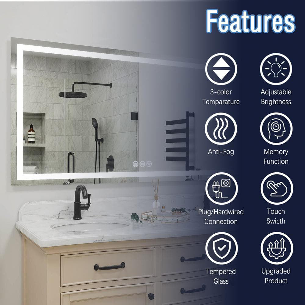 72" x 36" Rectangular Frameless LED Lighted Wall Mount Bathroom Vanity Mirror with Memory Function
