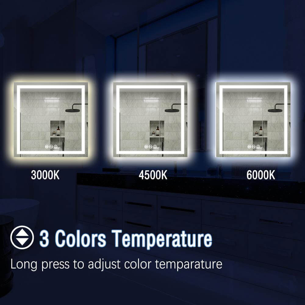 36" x 36" Square Frameless LED Lighted Wall Mount Bathroom Vanity Mirror with Memory Function