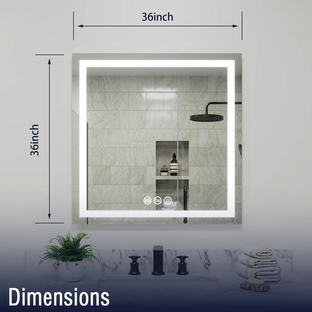 36" x 36" Square Frameless LED Lighted Wall Mount Bathroom Vanity Mirror with Memory Function