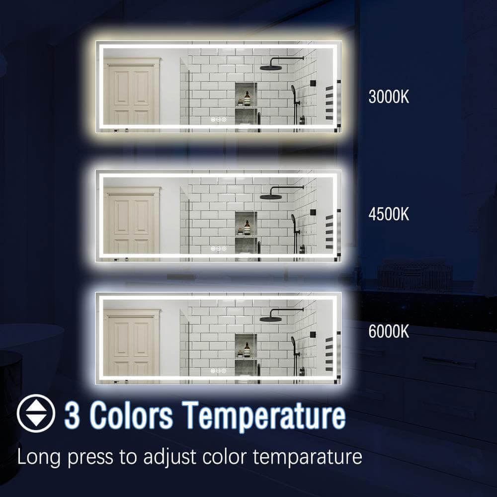 96" x 36" Rectangular Frameless LED Lighted Wall Mount Bathroom Vanity Mirror with Memory Function