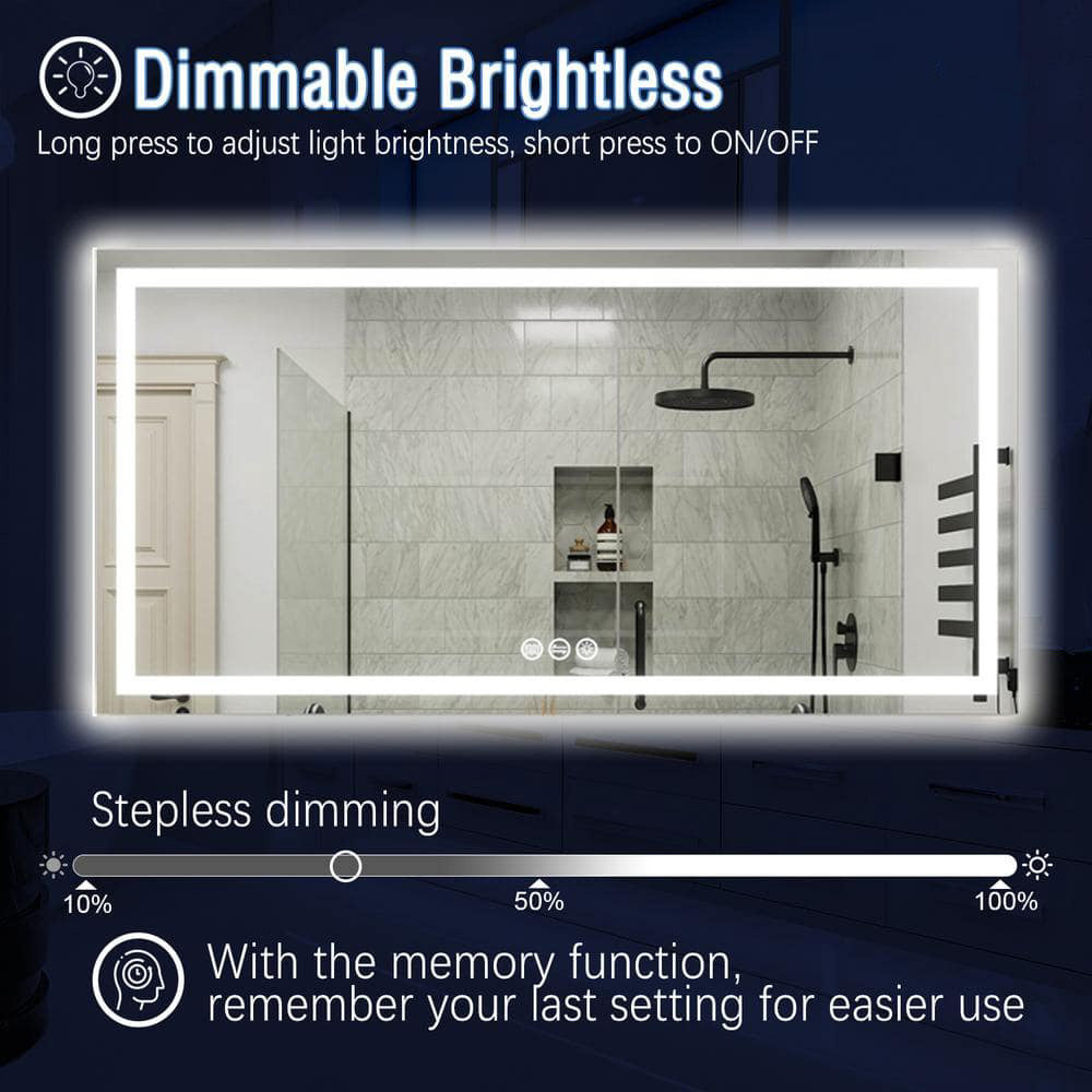 72" x 36" Rectangular Frameless LED Lighted Wall Mount Bathroom Vanity Mirror with Memory Function