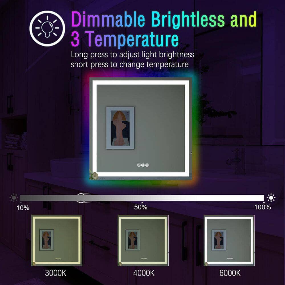 36“/48” RGB LED Light Bathroom Vanity Mirror Rectangular Frameless Anti Fog