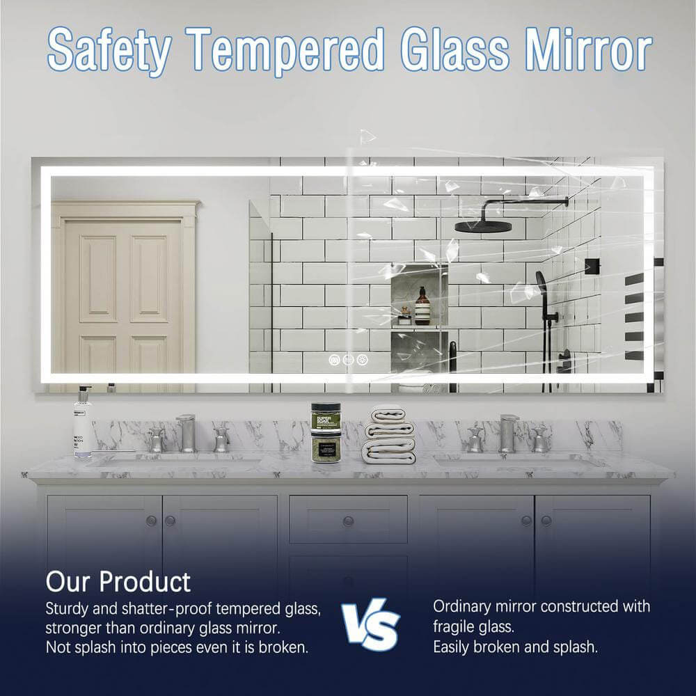 96" x 36" Rectangular Frameless LED Lighted Wall Mount Bathroom Vanity Mirror with Memory Function
