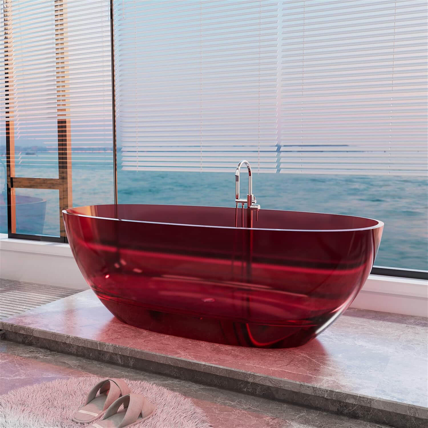 Bañera independiente de resina transparente roja de 65"