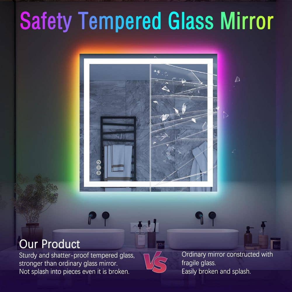 36“/48” RGB LED Light Bathroom Vanity Mirror Rectangular Frameless Anti Fog