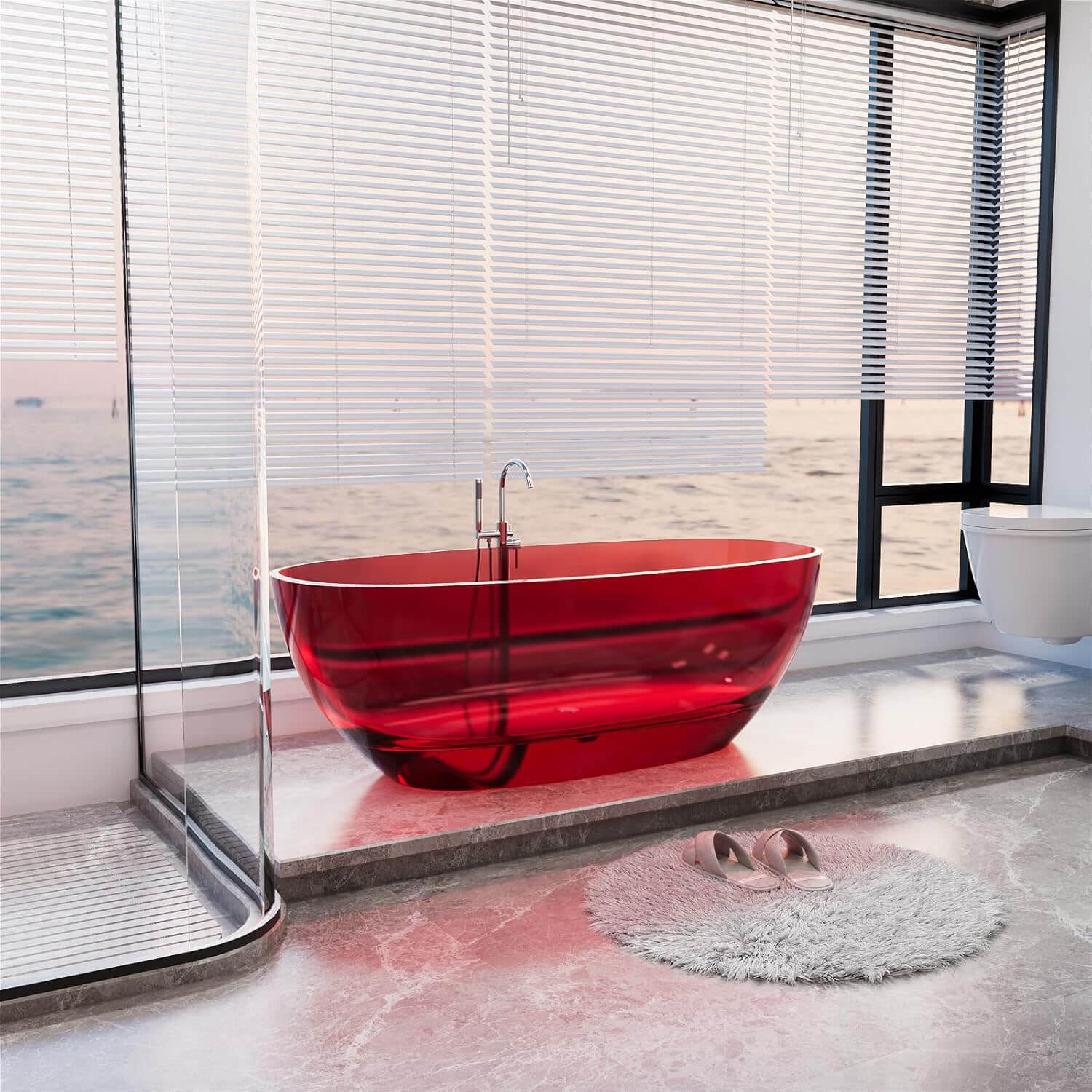 Bañera independiente de resina transparente roja de 65"