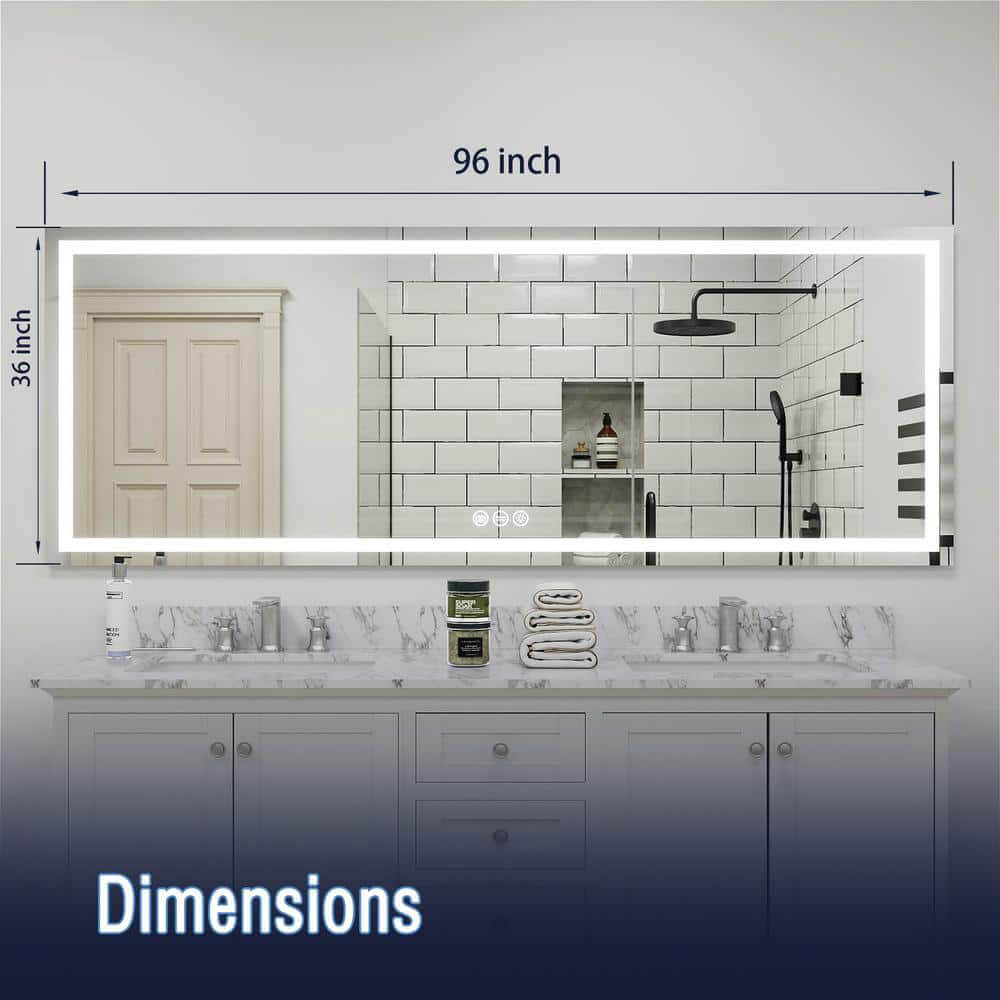 96" x 36" Rectangular Frameless LED Lighted Wall Mount Bathroom Vanity Mirror with Memory Function