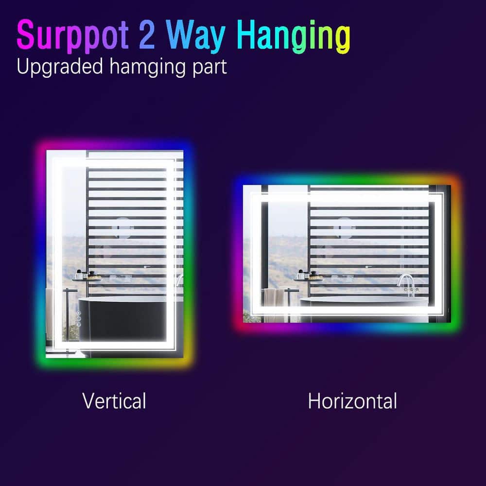 36“/48” RGB LED Light Bathroom Vanity Mirror Rectangular Frameless Anti Fog