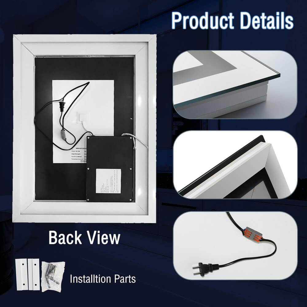 96" x 36" Rectangular Frameless LED Lighted Wall Mount Bathroom Vanity Mirror with Memory Function