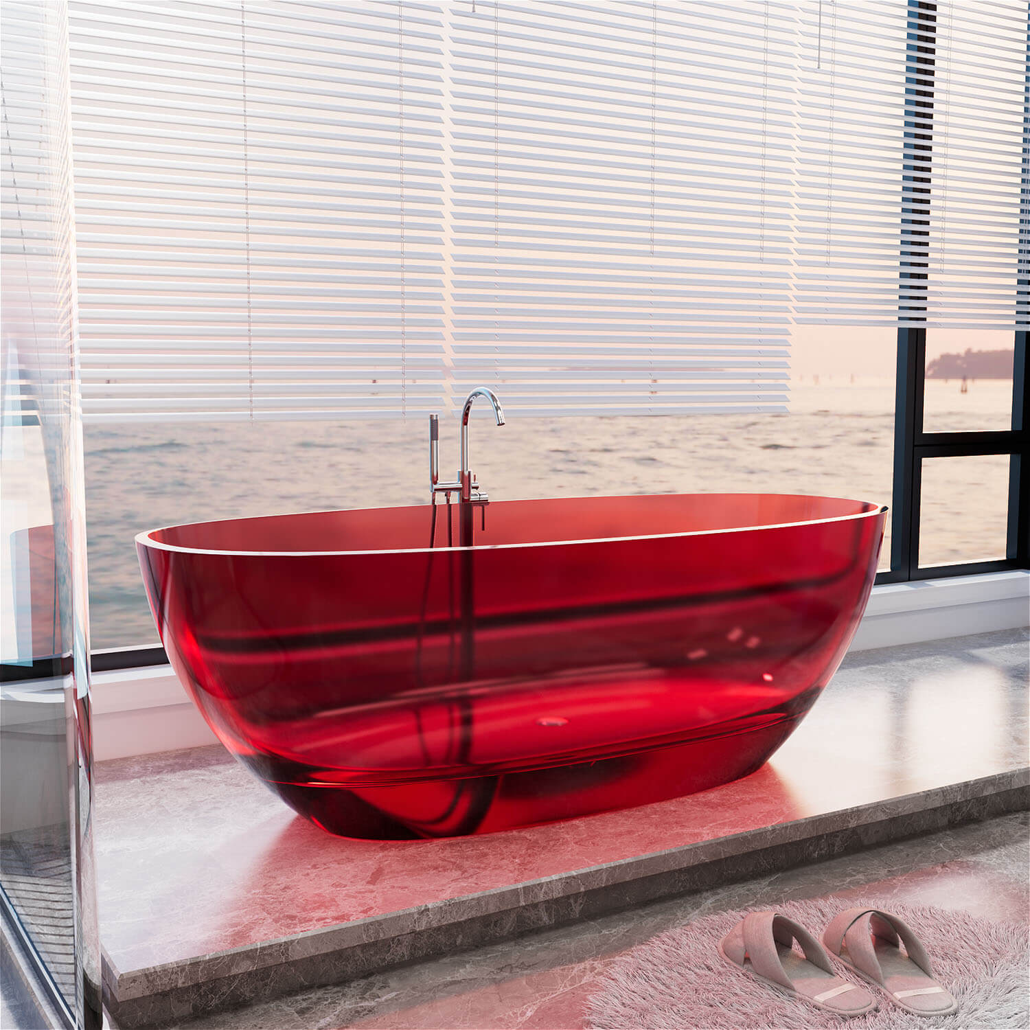 Bañera independiente de resina transparente roja de 65"