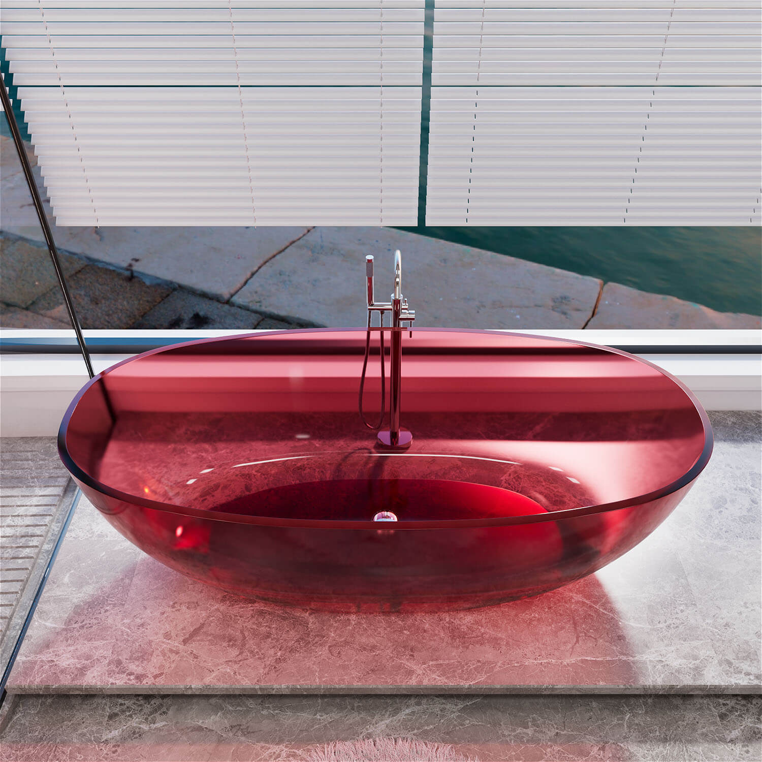 Bañera independiente de resina transparente roja de 65"