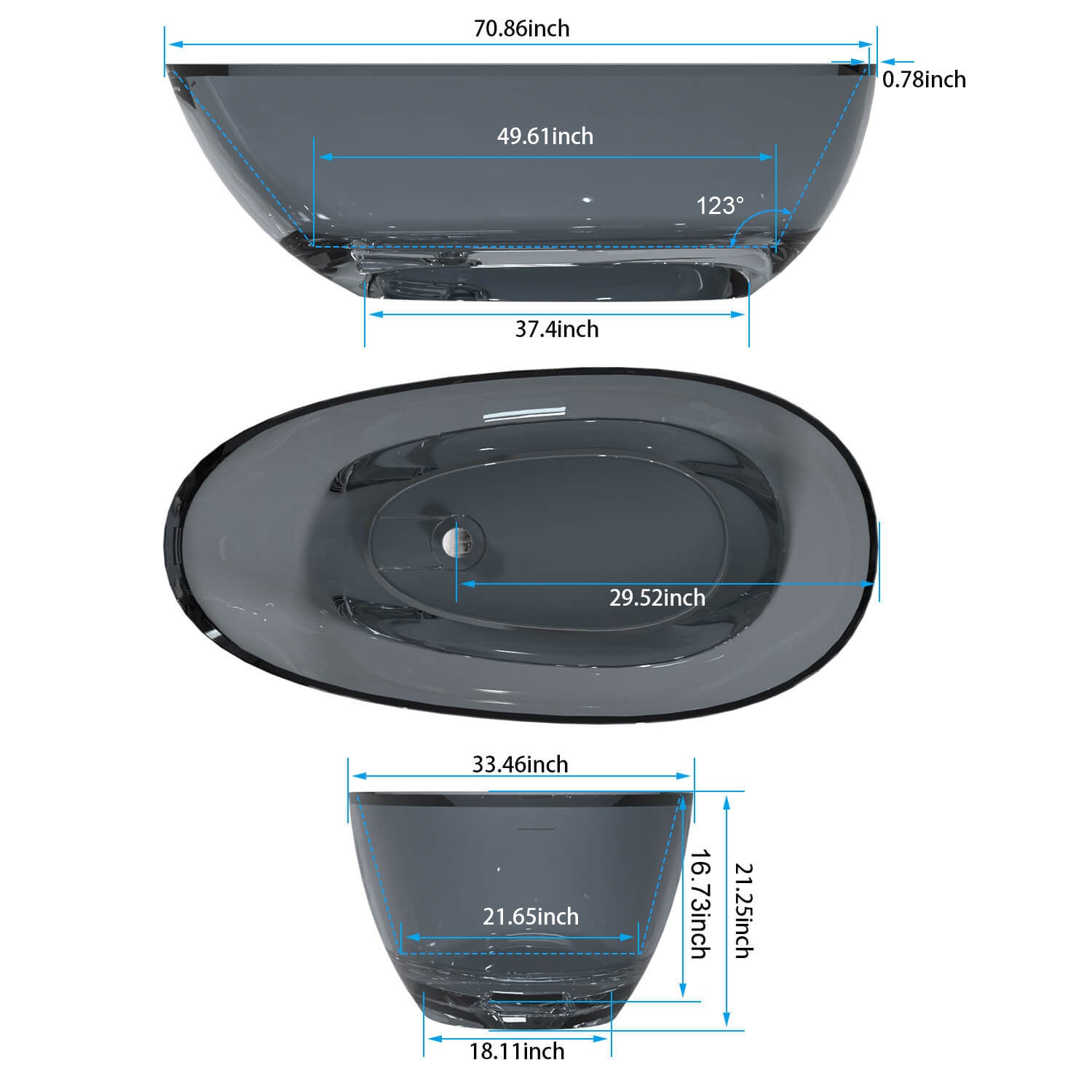 71" Modern Art Resin Tub, Transparent Egg Shape Freestanding Soaking Bathtub for Hotels