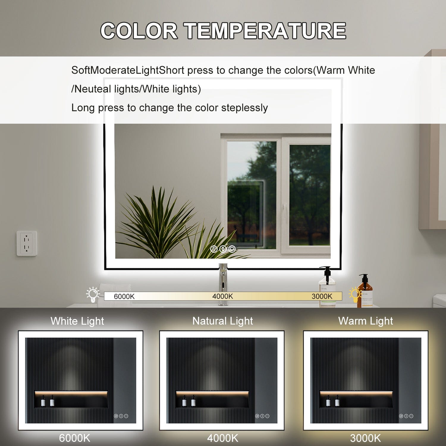 GIVING TREE 40"/48"/55" LED Bathroom Mirror with Black Frame, Anti-Fog, Shatter-Proof, Memory, 3 Colors