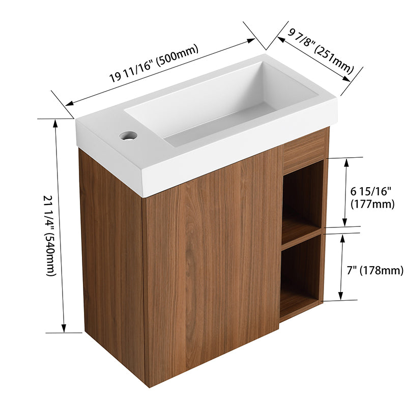 Mueble de baño flotante de 20 pulgadas para montaje en pared con lavabo de resina y puerta de armario con cierre suave.