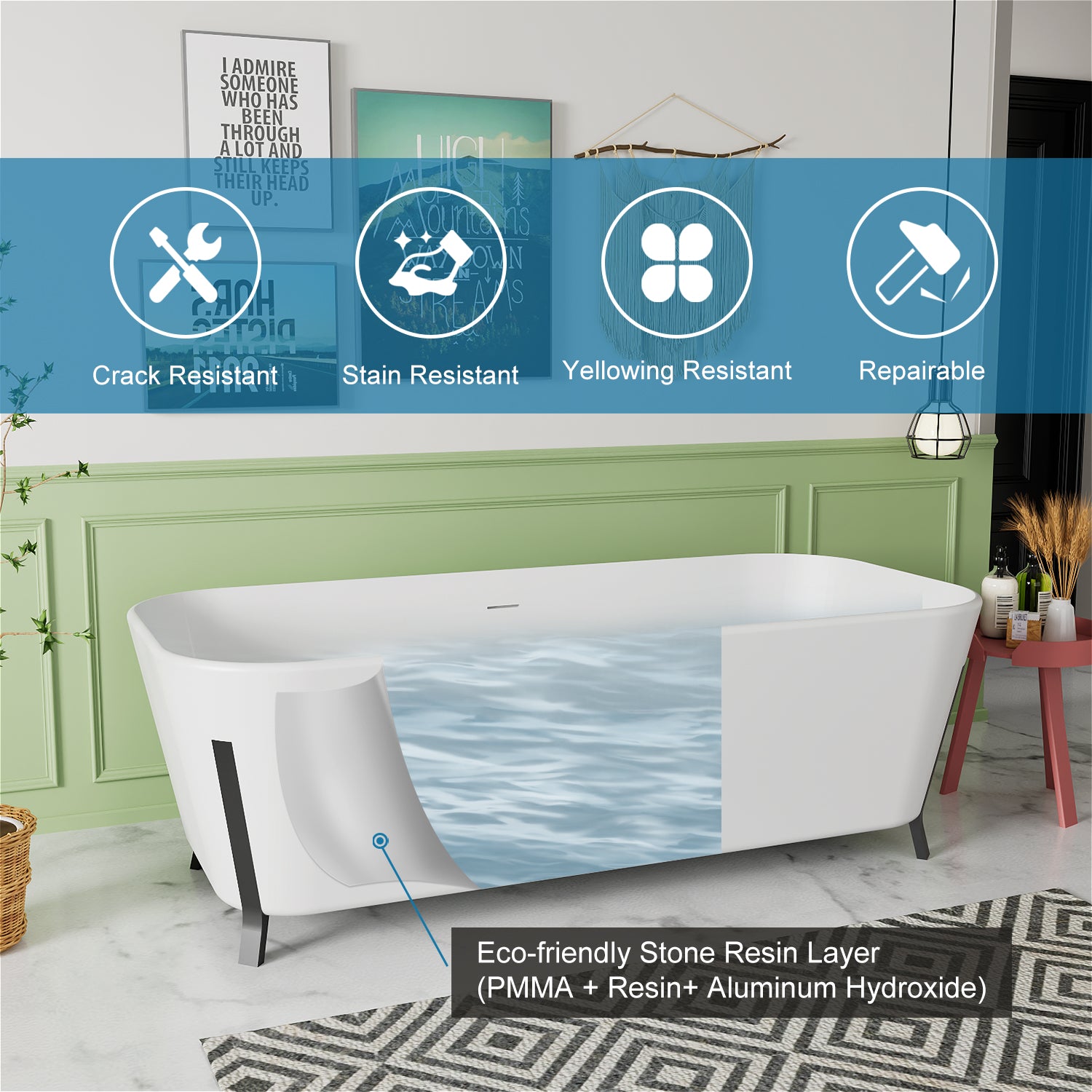67" Clawfoot Tub Solid Surface Stone Resin Freestanding Soaking Bathtub