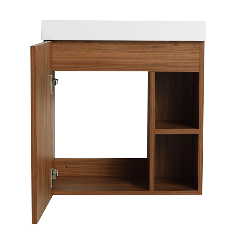 Mueble de baño flotante de 20 pulgadas para montaje en pared con lavabo de resina y puerta de armario con cierre suave.