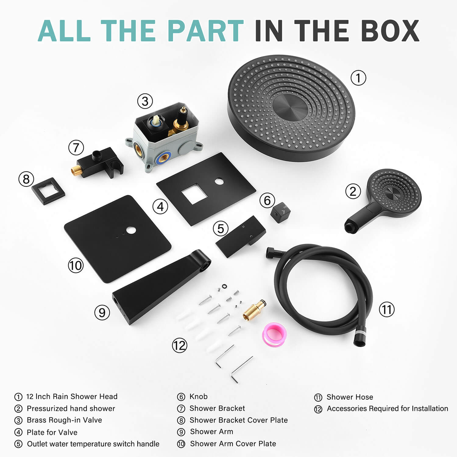 12 inch Round Wall-Mounted Shower System with hoses and install fitting
