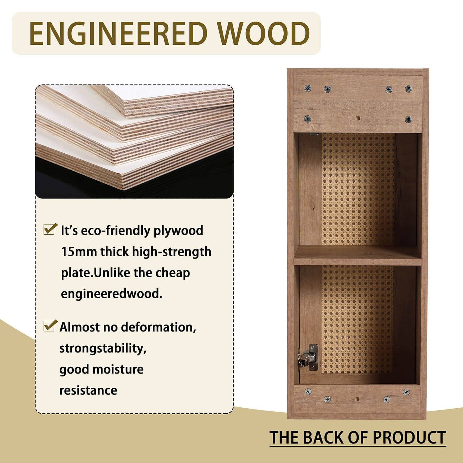 12 inch White Oak Bathroom Wall Cabinet Rattan Door and Shelves-material