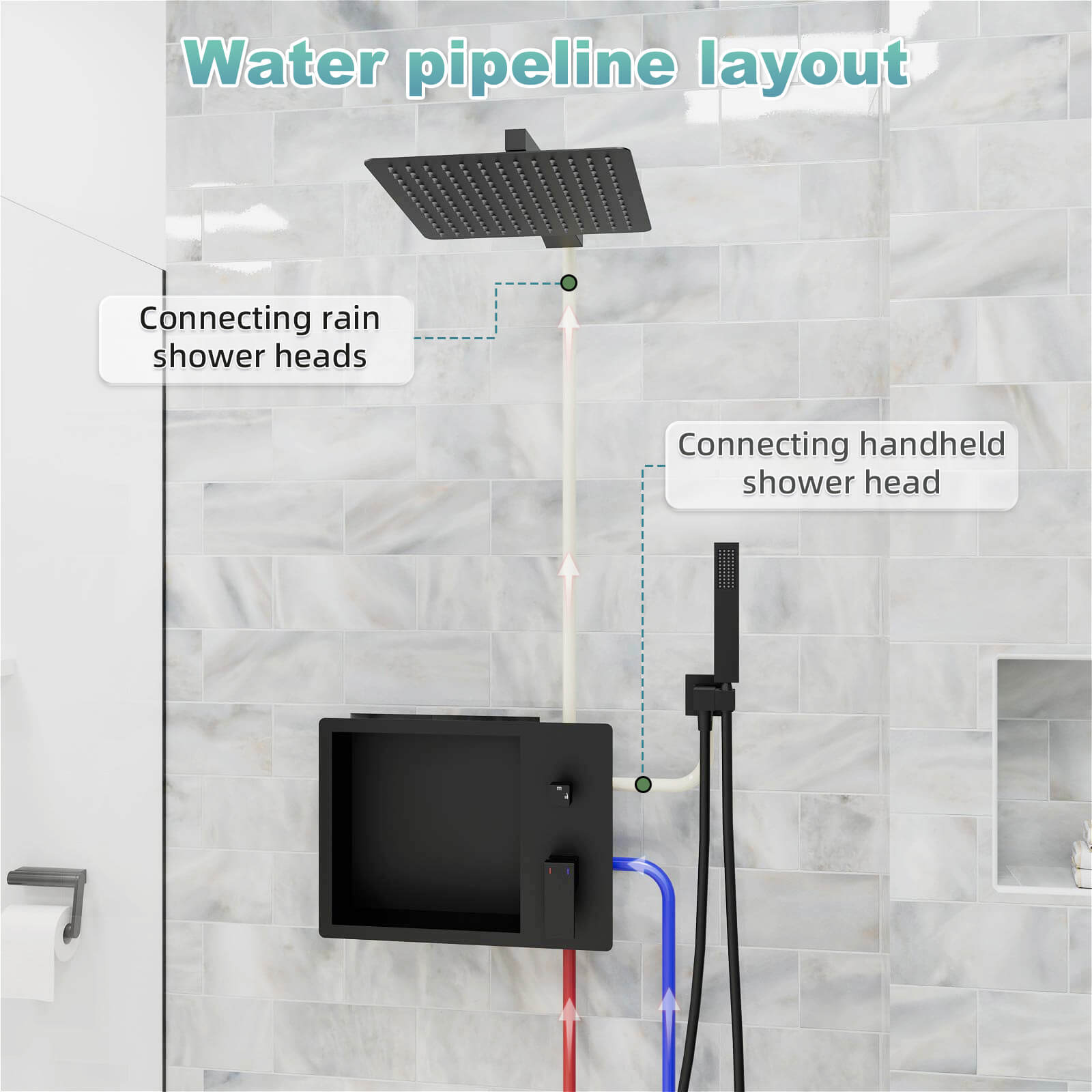 12" Rain Head Shower System with Shower Niche and Handheld, Wall Mount