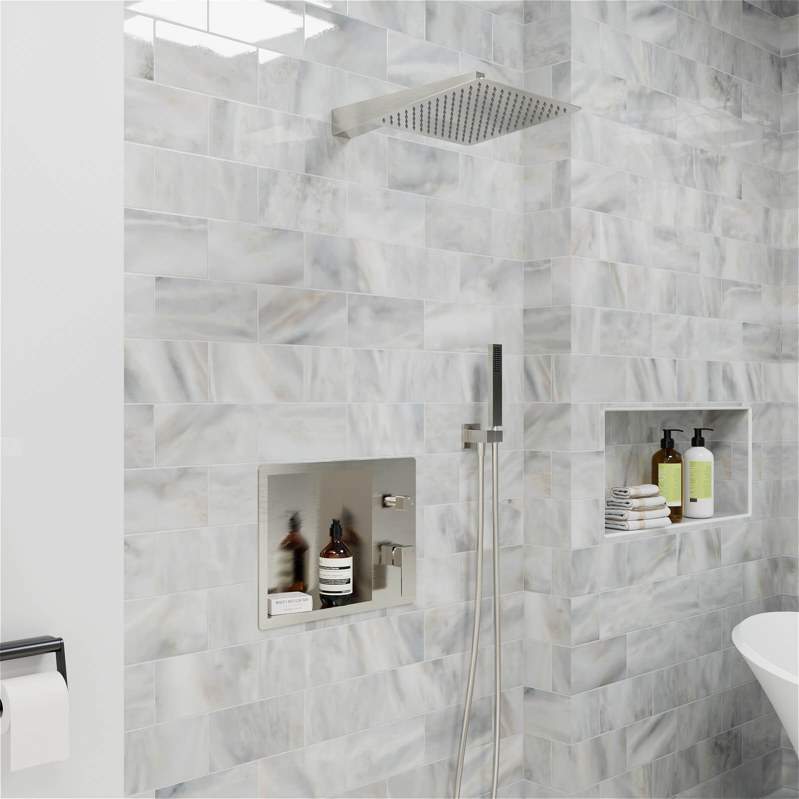 12" Rain Head Shower System with Shower Niche and Handheld, Wall Mount