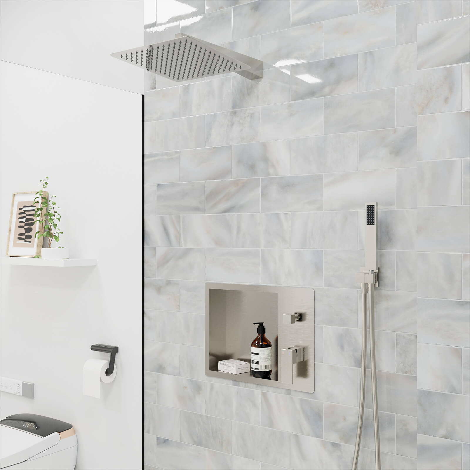 12" Rain Head Shower System with Shower Niche and Handheld, Wall Mount