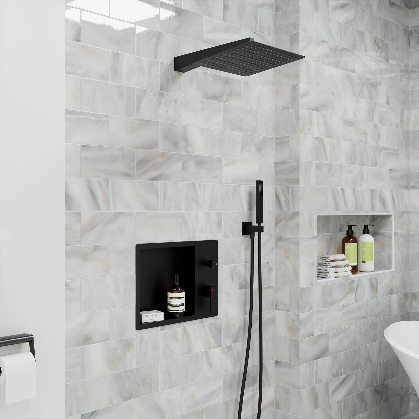12" Rain Head Shower System with Shower Niche and Handheld, Wall Mount