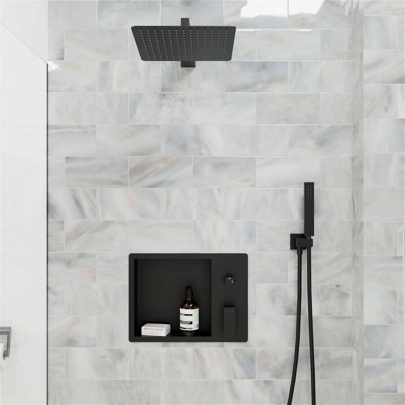 12" Rain Head Shower System with Shower Niche and Handheld, Wall Mount