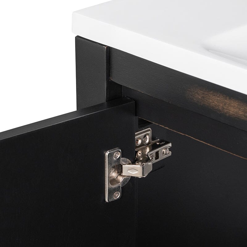 Espresso bathroom vanity with grid-patterned doors and ample space for toiletries