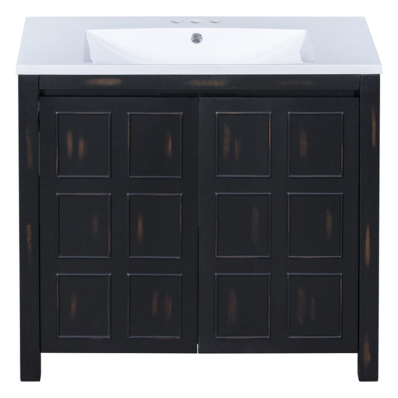 Artisanal 36-inch wide espresso vanity featuring a weathered texture and modern concealed handles