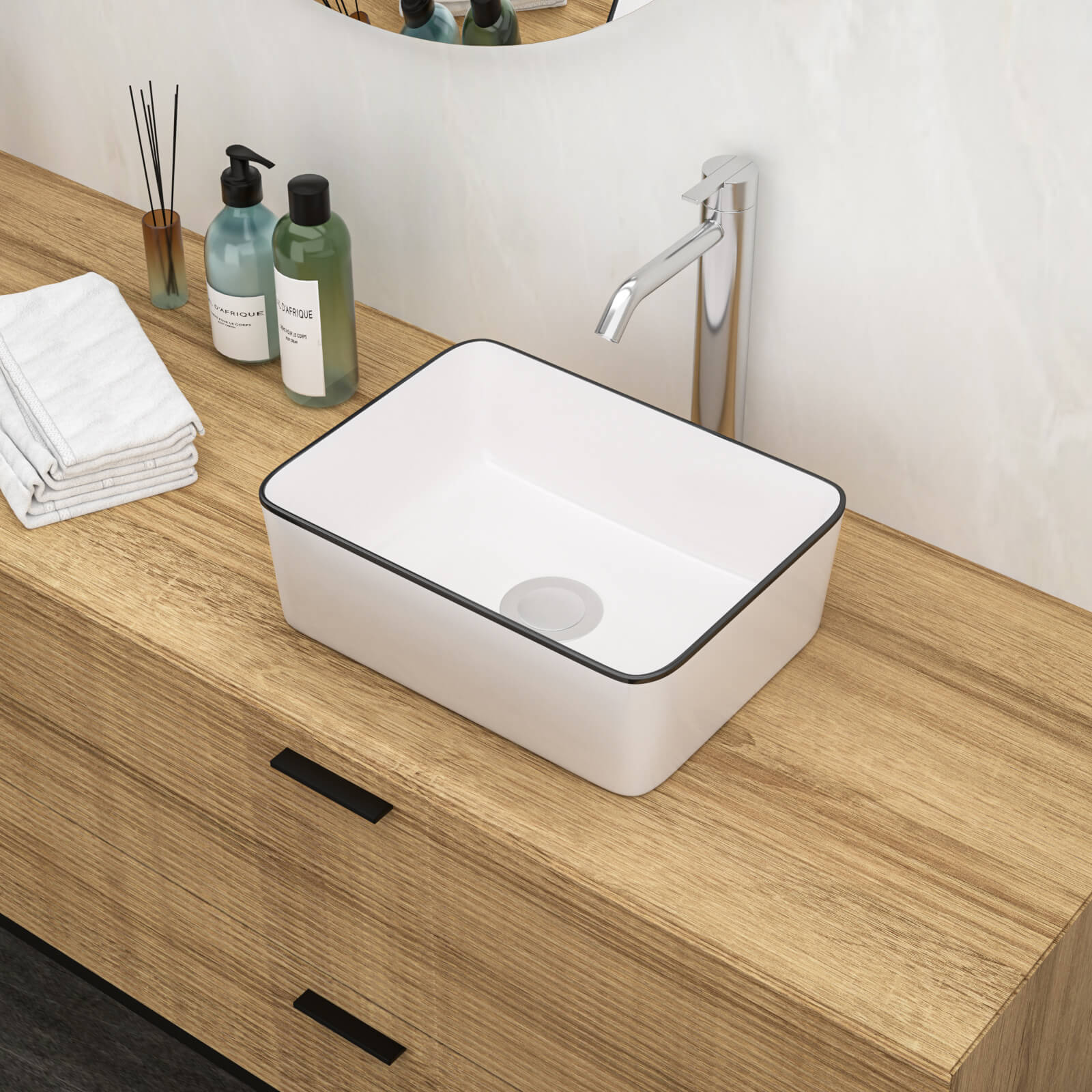 16 in x 12 in White Ceramic Bathroom Sink with Black Trim