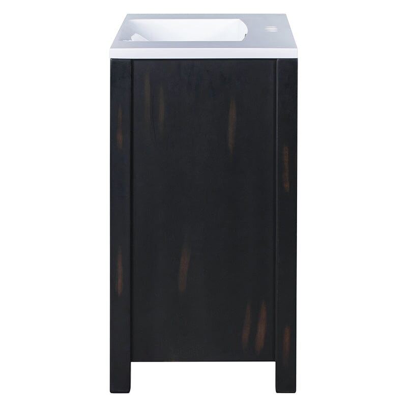 Vintage-styled espresso bathroom vanity with distressed paintwork and spacious interior