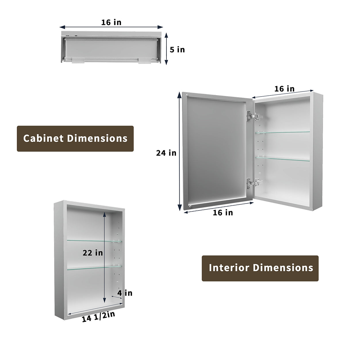 16 x 24-inch medicine cabinet showing exterior and interior dimensions.