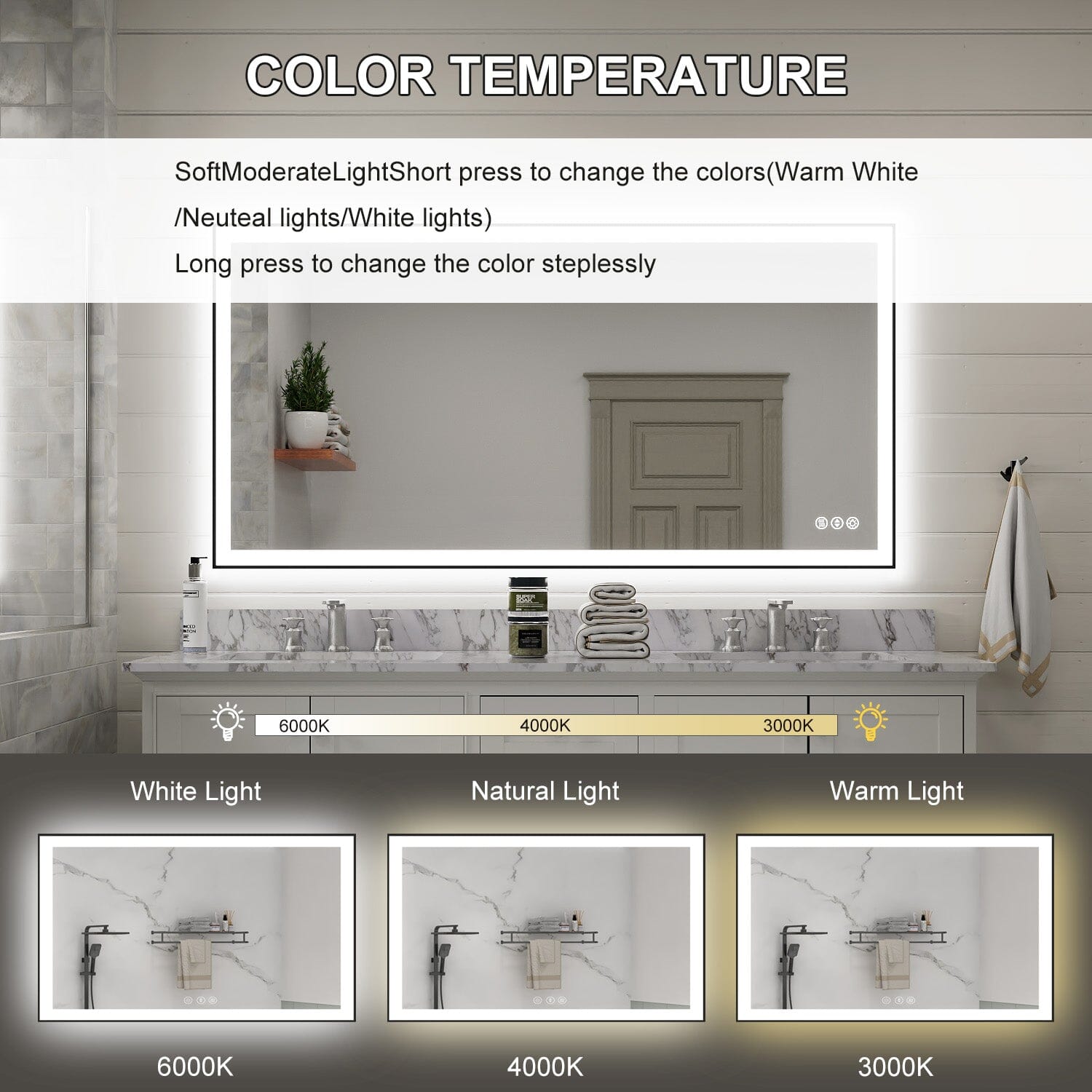 GIVING TREE 60"/72"/84" LED Bathroom Mirror with Black Frame, Anti-Fog, Shatter-Proof, Memory, 3 Colors