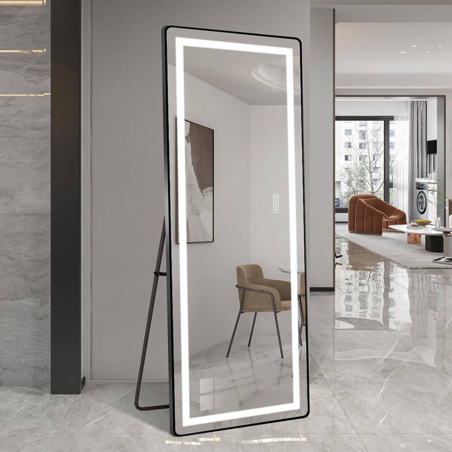 64"x21" Black LED Full Length Mirror with Dimmer, 3 Color Temperatures