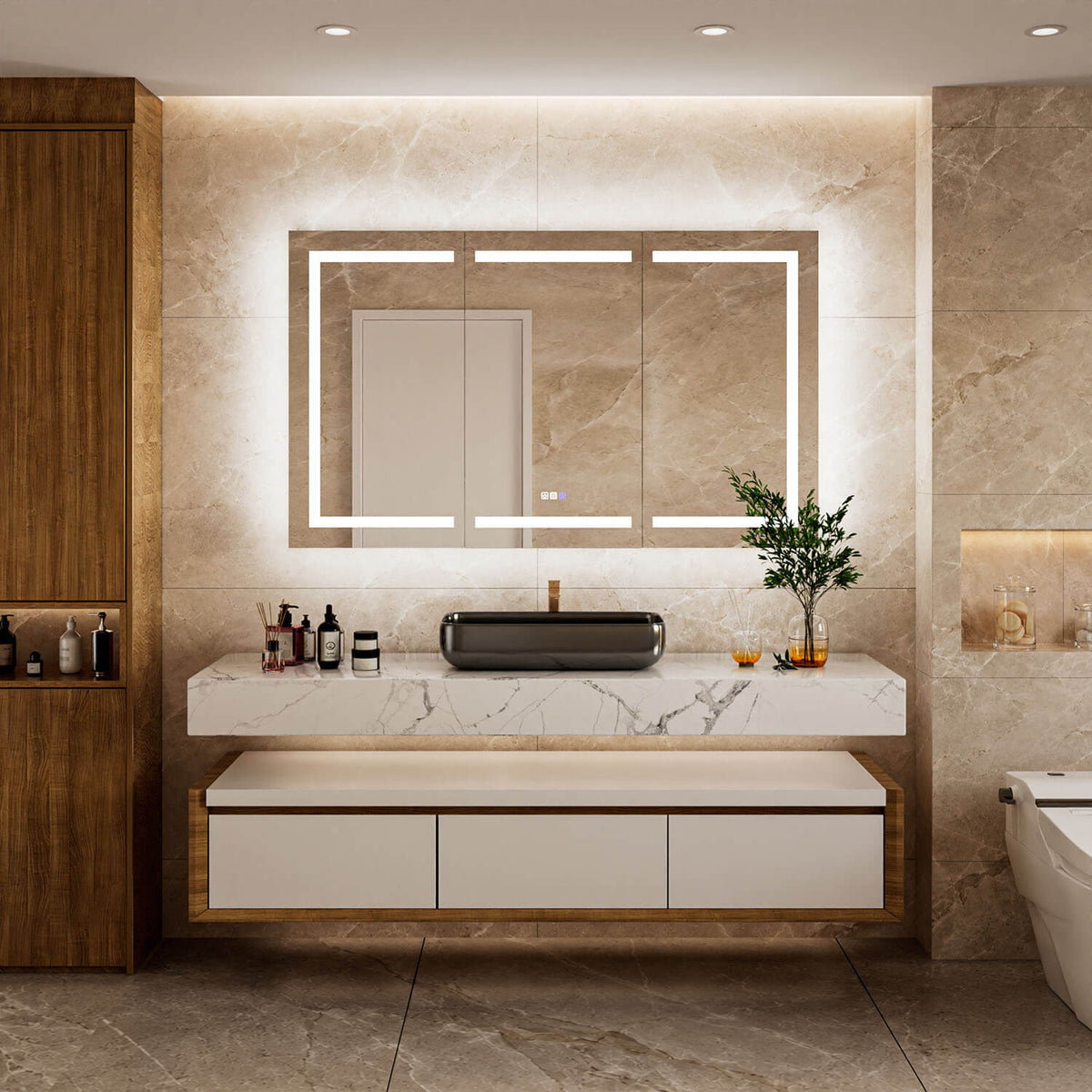 60" x 36" Wide Triple Door Medicine Cabinet with Mirror, Smart LED Lighting, Anti-Fog, Outlets & USB