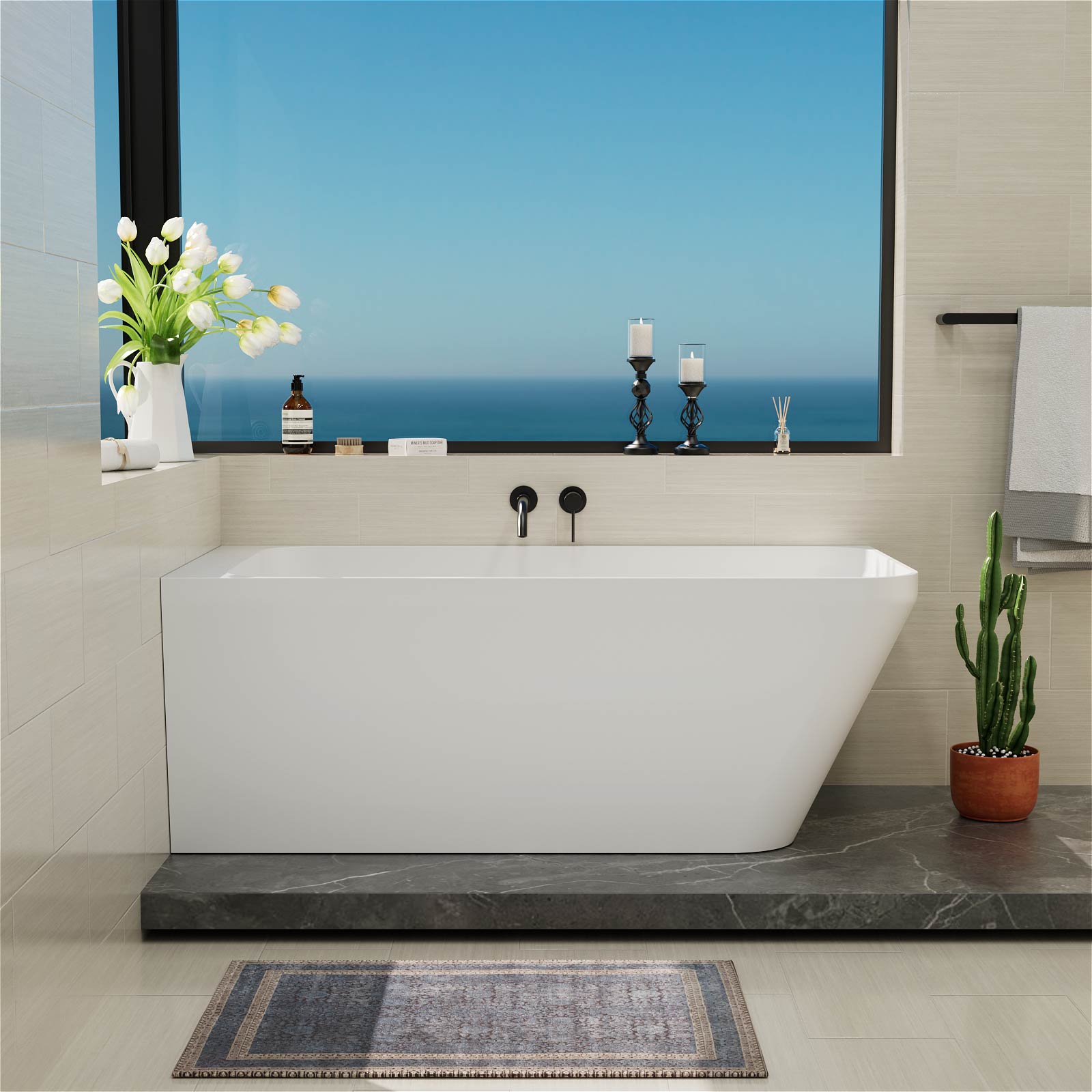 59" Corner Solid Surface Bathtub Two Sided Wall Fit